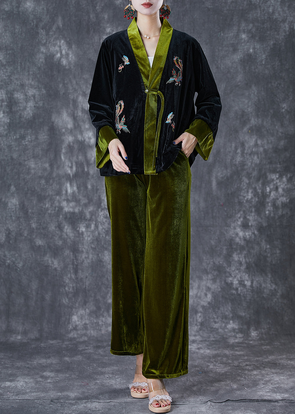 Beautiful Blackish Green Embroideried Patchwork Silk Velour Two Pieces Set Fall Ada Fashion