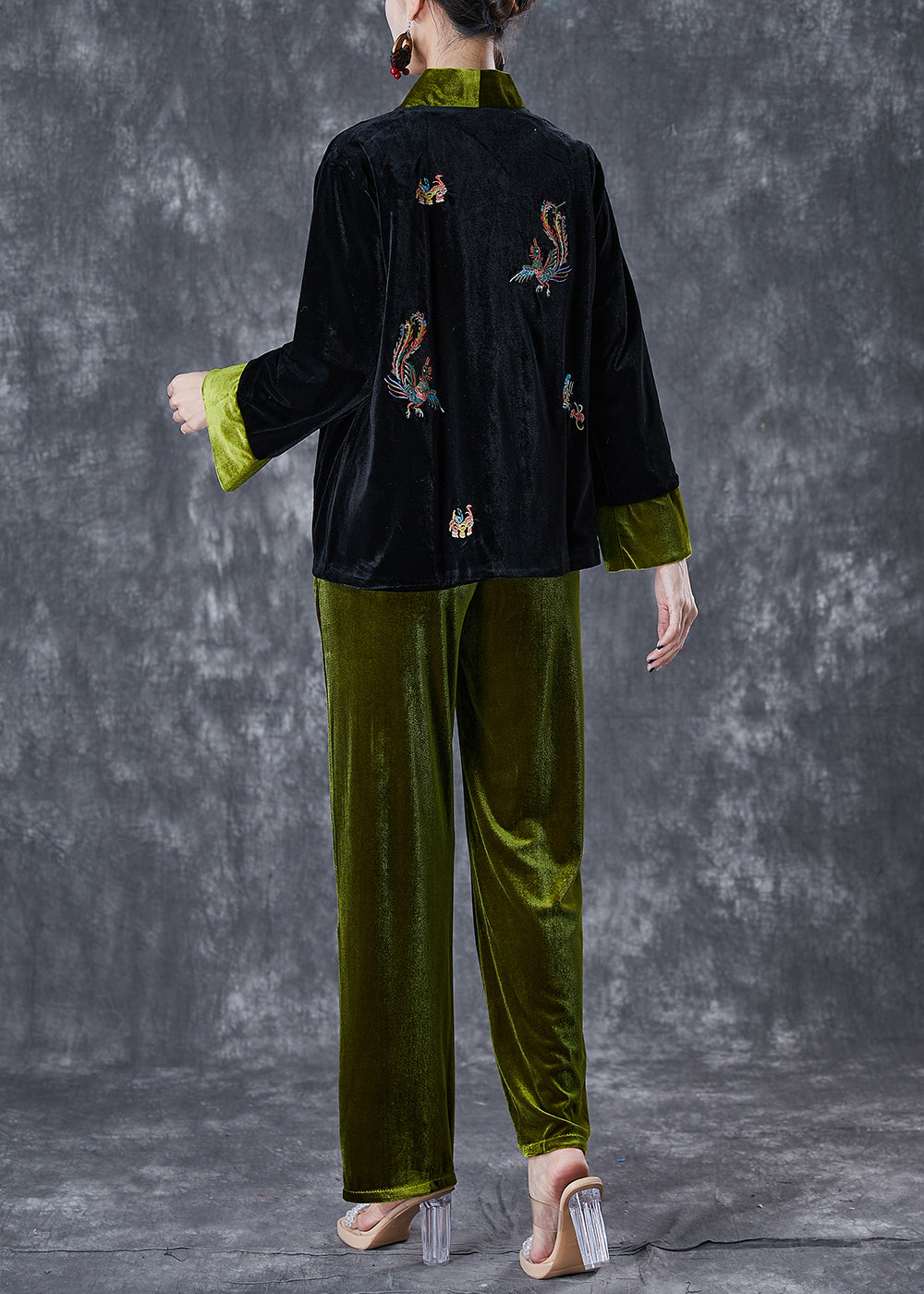 Beautiful Blackish Green Embroideried Patchwork Silk Velour Two Pieces Set Fall Ada Fashion