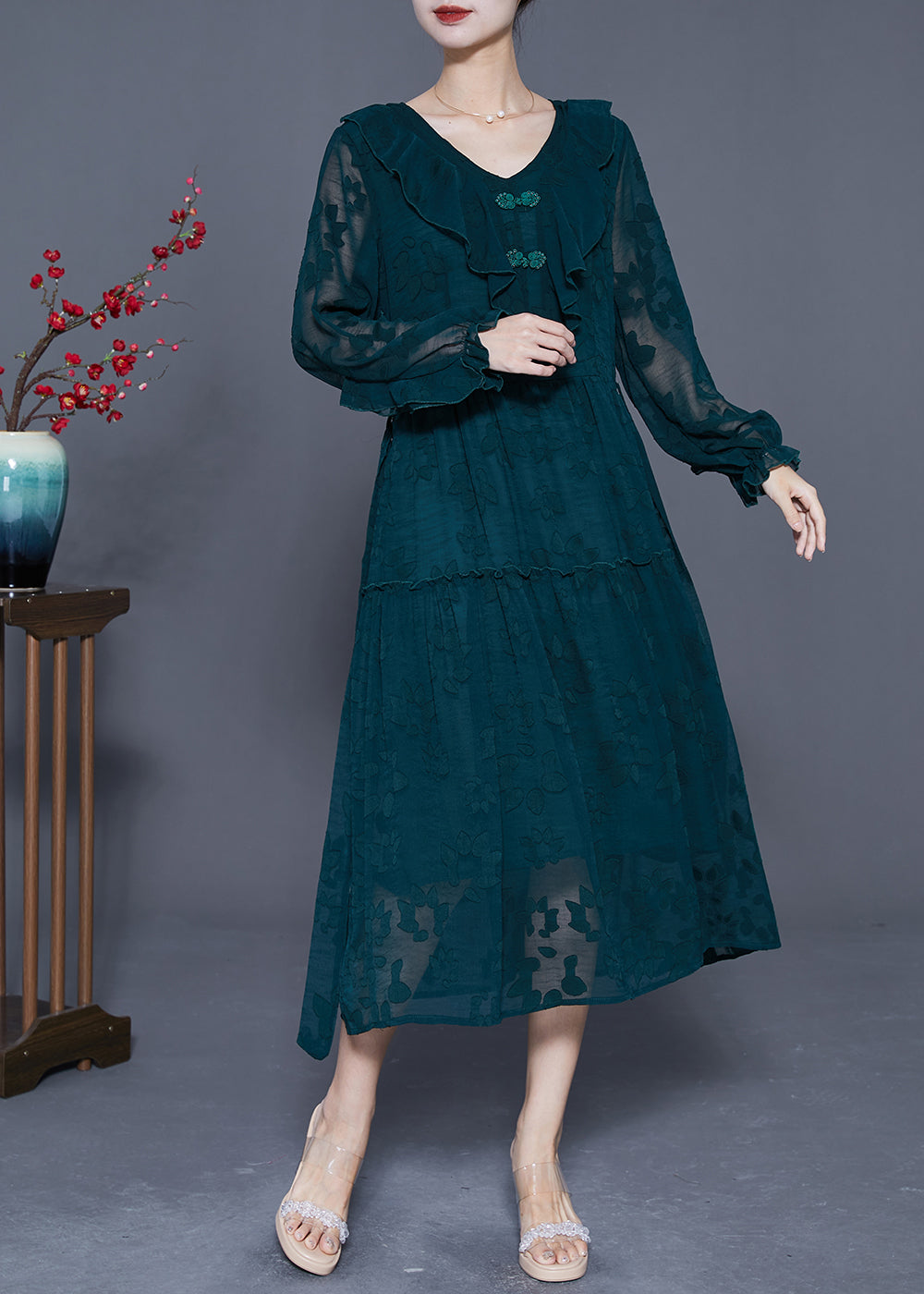 Beautiful Blackish Green Ruffled Patchwork Silk Maxi Dress Summer LY5393 - fabuloryshop