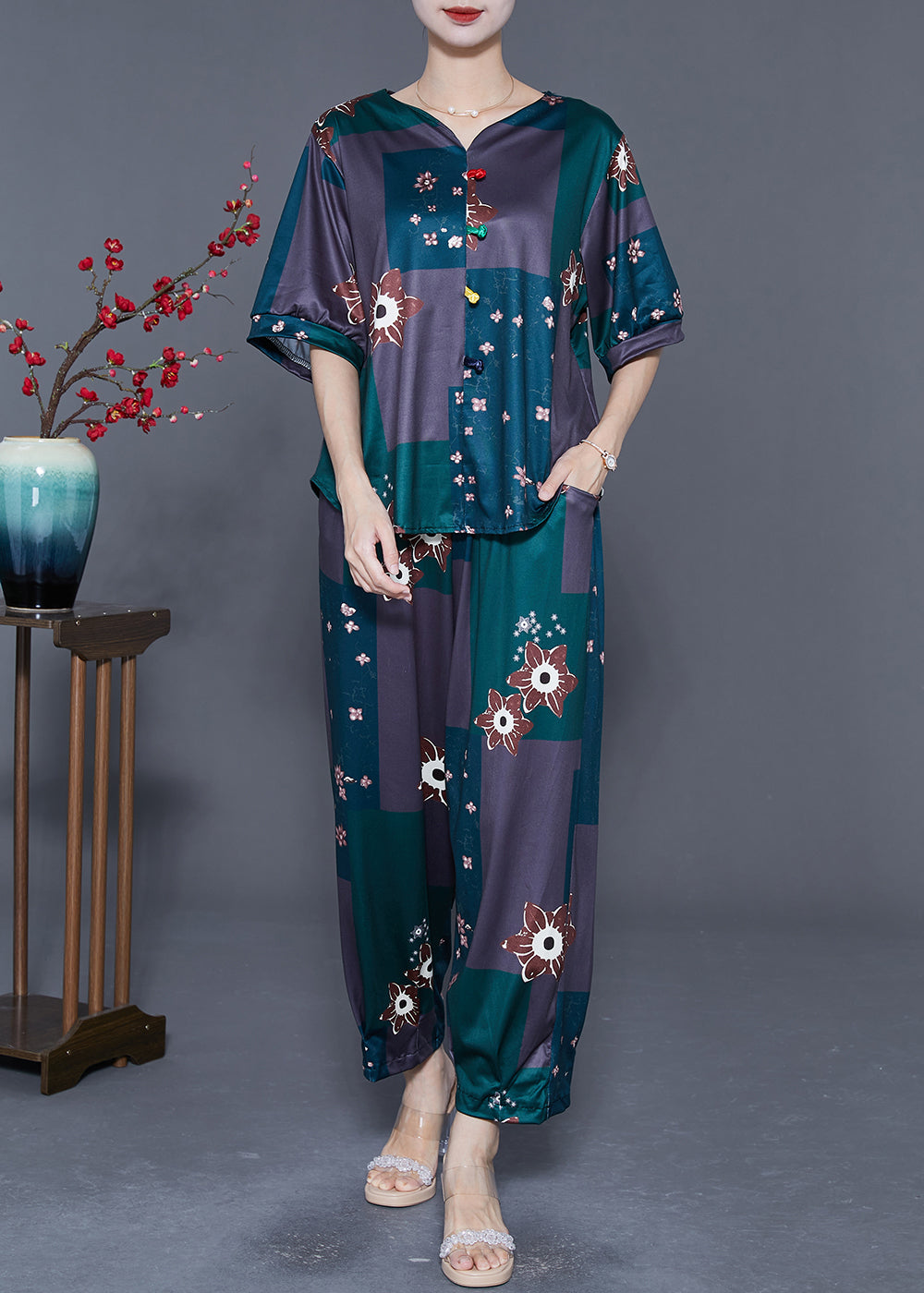 Beautiful Blackish Green V Neck Print Cotton Two Pieces Set Summer LY5565 - fabuloryshop