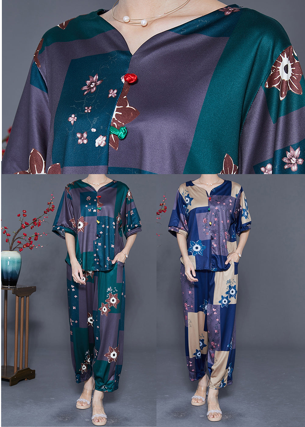 Beautiful Blackish Green V Neck Print Cotton Two Pieces Set Summer LY5565 - fabuloryshop