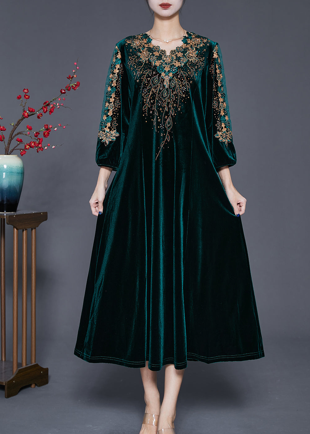 Beautiful Blackish Green V Neck Zircon Silk Velour Maxi Dresses Fall Ada Fashion