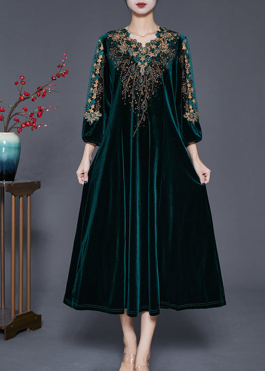 Beautiful Blackish Green V Neck Zircon Silk Velour Maxi Dresses Fall Ada Fashion