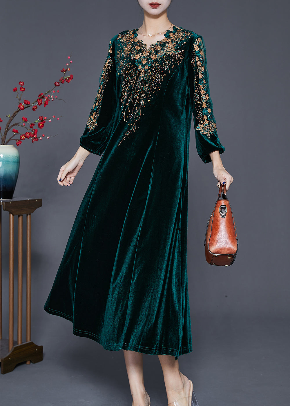 Beautiful Blackish Green V Neck Zircon Silk Velour Maxi Dresses Fall Ada Fashion