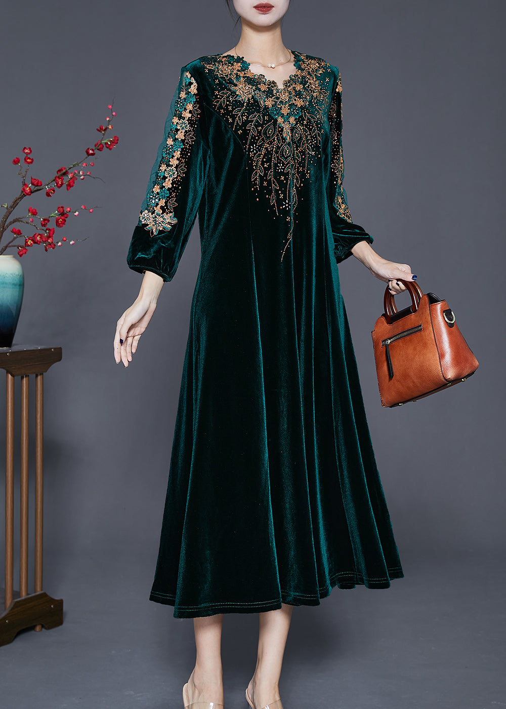 Beautiful Blackish Green V Neck Zircon Silk Velour Maxi Dresses Fall Ada Fashion