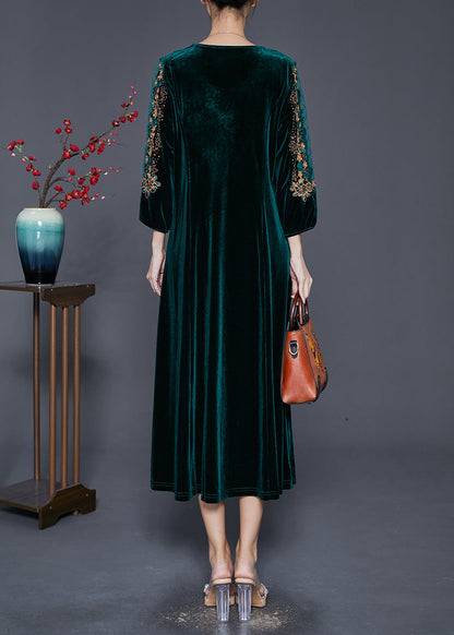 Beautiful Blackish Green V Neck Zircon Silk Velour Maxi Dresses Fall Ada Fashion