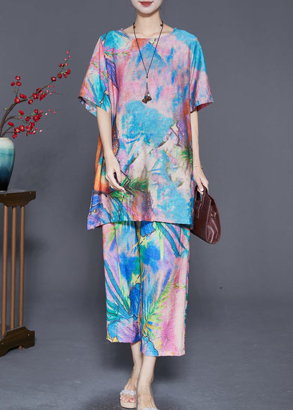 Beautiful Blue Butterfly Tie Dye Linen Silk Two Piece Set Outfits Summer Ada Fashion