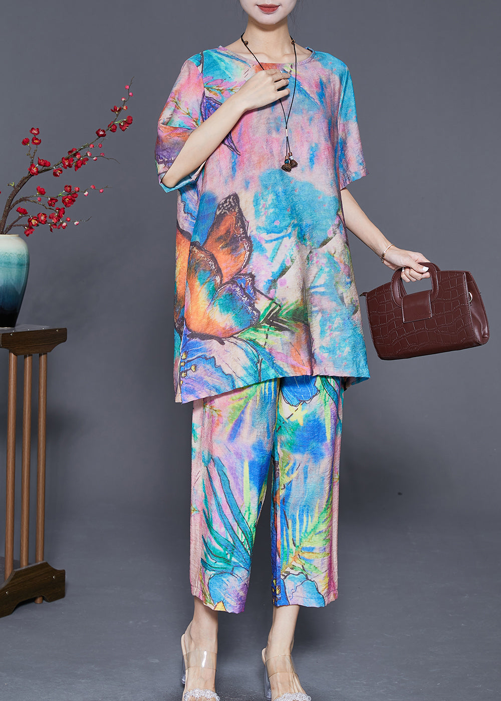 Beautiful Blue Butterfly Tie Dye Linen Silk Two Piece Set Outfits Summer Ada Fashion