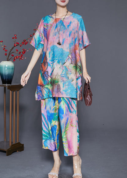 Beautiful Blue Butterfly Tie Dye Linen Silk Two Piece Set Outfits Summer Ada Fashion