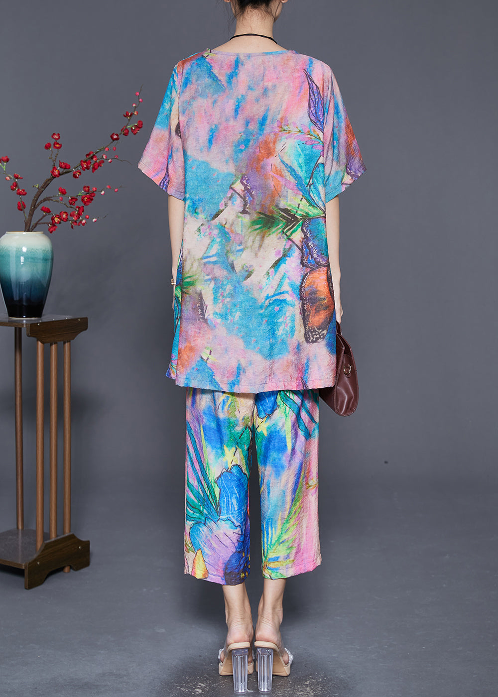 Beautiful Blue Butterfly Tie Dye Linen Silk Two Piece Set Outfits Summer Ada Fashion
