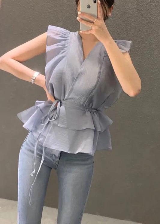 Beautiful Blue Cinched Ruffles Shirts Sleeveless LY2622 - fabuloryshop