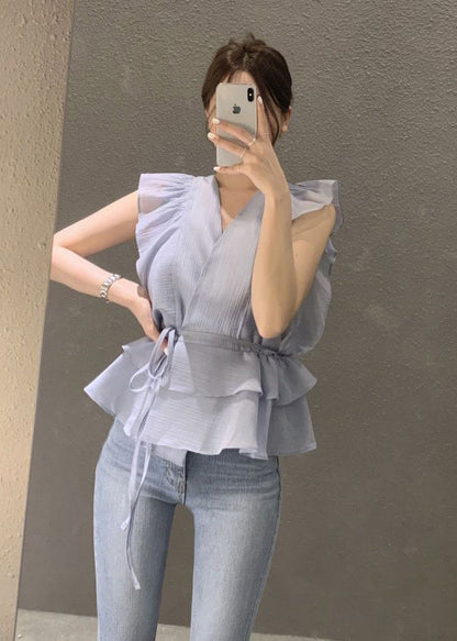 Beautiful Blue Cinched Ruffles Shirts Sleeveless LY2622 - fabuloryshop