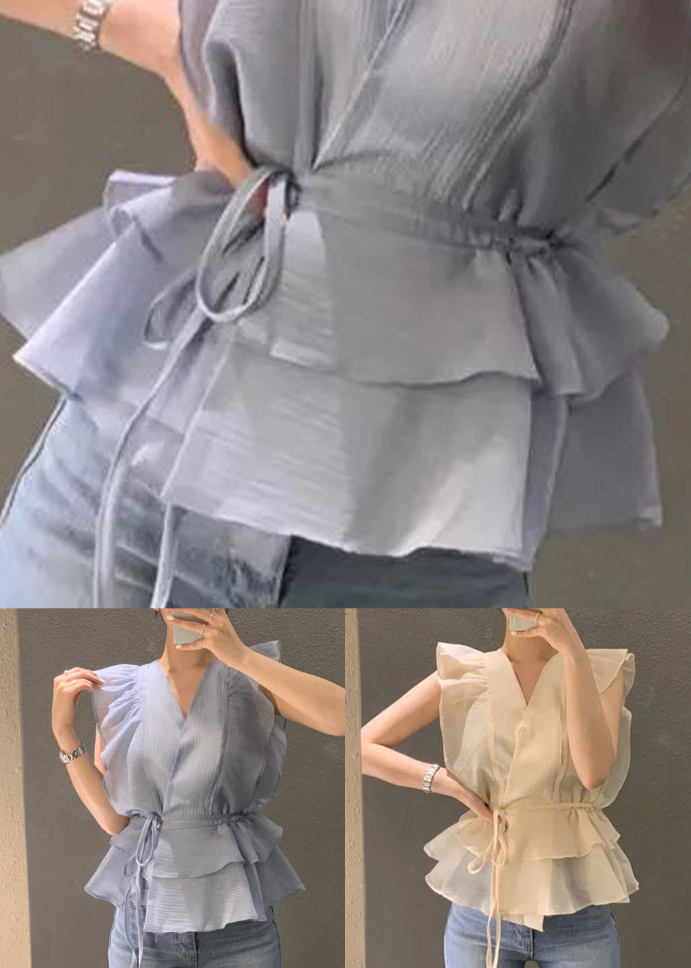 Beautiful Blue Cinched Ruffles Shirts Sleeveless LY2622 - fabuloryshop