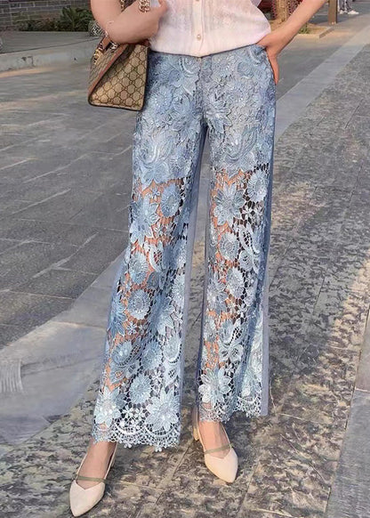 Beautiful Blue Lace Patchwork High Waist Wide Leg Jeans Summer LY7938