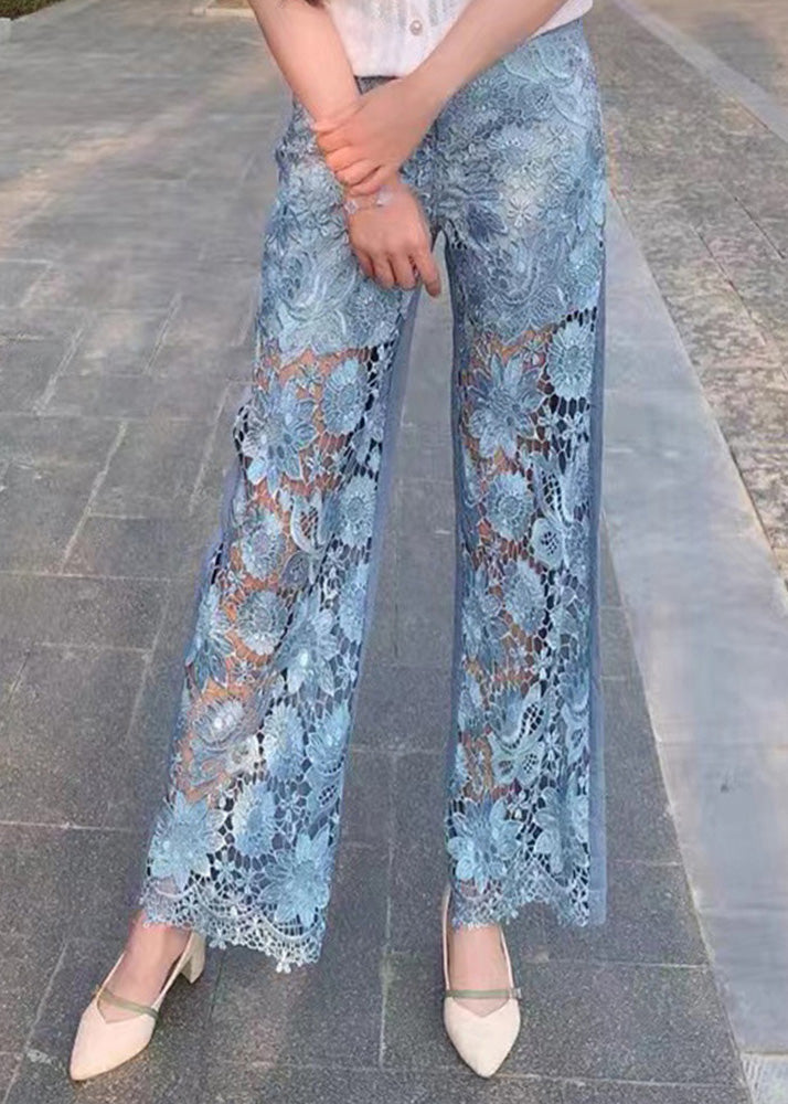 Magnifique jean taille haute à jambes larges en patchwork de dentelle bleue pour l'été LY7938