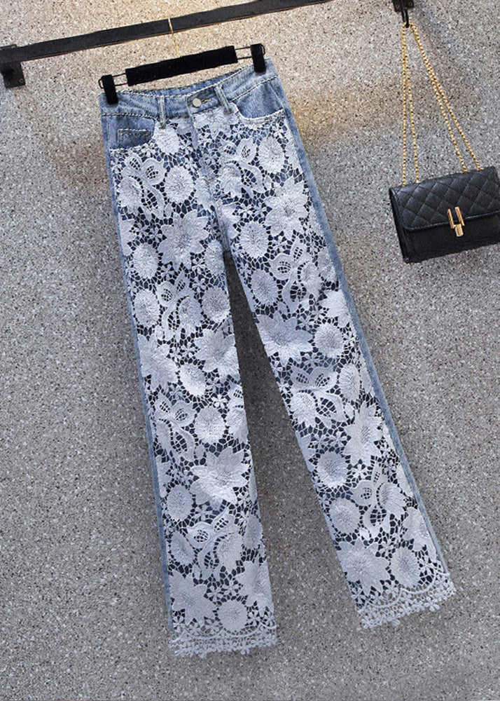 Beautiful Blue Lace Patchwork High Waist Wide Leg Jeans Summer TY1037 - fabuloryshop