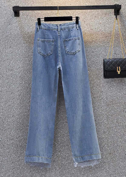 Beautiful Blue Lace Patchwork High Waist Wide Leg Jeans Summer TY1037 - fabuloryshop