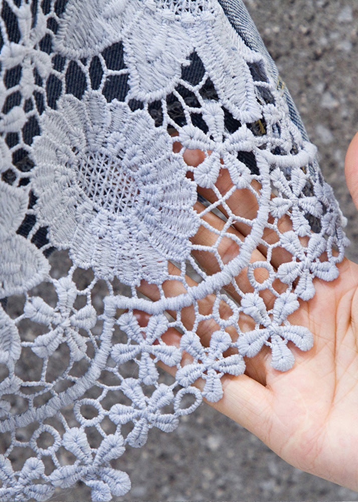 Magnifique jean taille haute à jambes larges en patchwork de dentelle bleue pour l'été LY7938