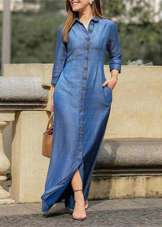 Beautiful Blue Peter Pan Collar Oversized Denim Maxi Dresses Spring LY4015 - fabuloryshop