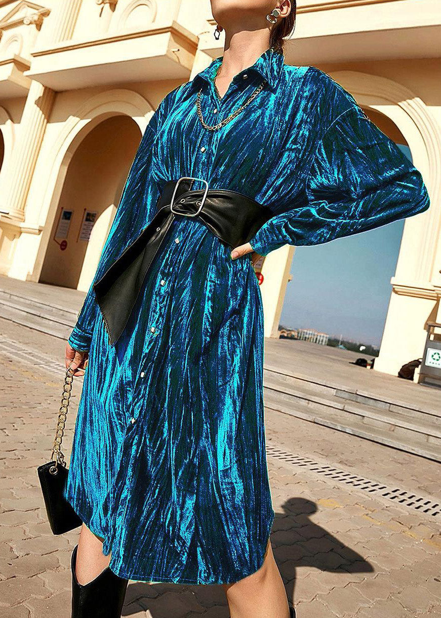 Beautiful Blue Peter Pan Collar Print Button Velour Long Shirts Dresses Spring LY3879 - fabuloryshop