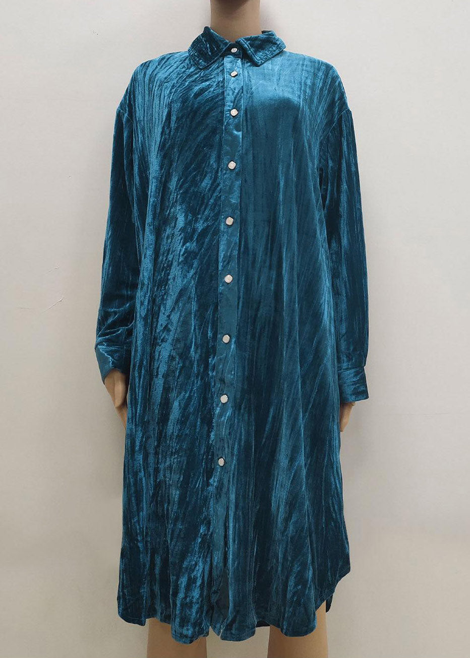 Beautiful Blue Peter Pan Collar Print Button Velour Long Shirts Dresses Spring LY3879 - fabuloryshop