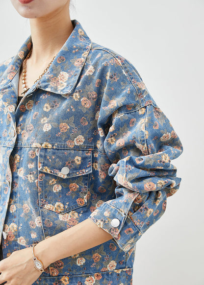 Beautiful Blue Peter Pan Collar Print Denim Coats Fall Ada Fashion