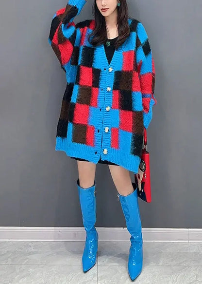 Beautiful Blue Plaid V Neck Button Patchwork Knit Cardigan Fall Ada Fashion