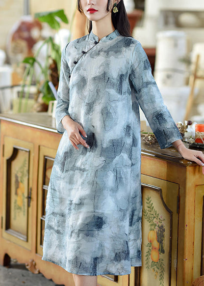 Beautiful Blue Print Button Patchwork Linen Dress Bracelet Sleeve Ada Fashion