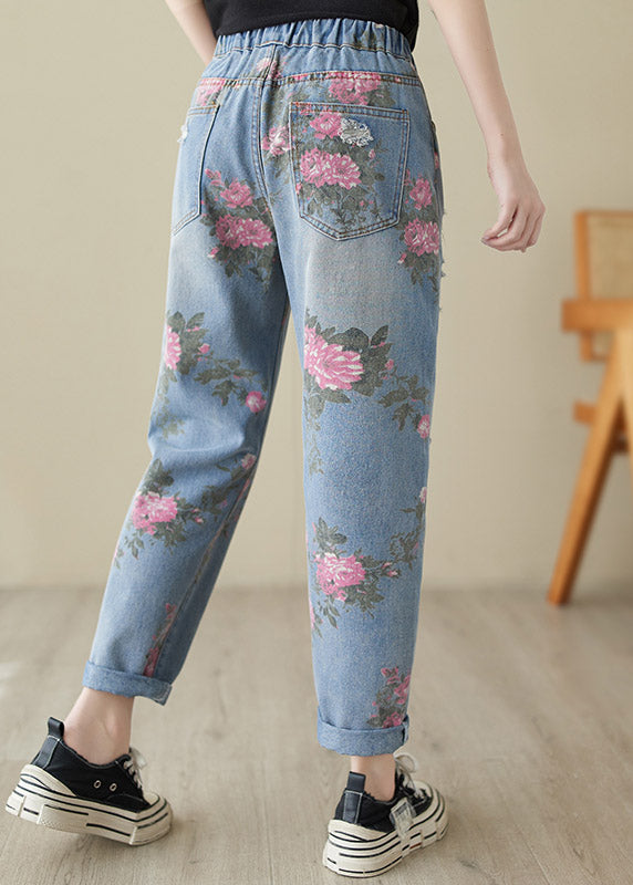 Beautiful Blue Print High Waist Denim Harem Pants LY3965 - fabuloryshop