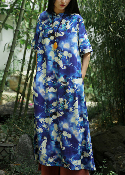 Beautiful Blue Print Pockets Linen Long Dresses Short Sleeve Ada Fashion