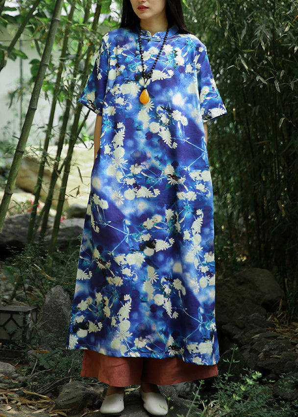 Beautiful Blue Print Pockets Linen Long Dresses Short Sleeve Ada Fashion