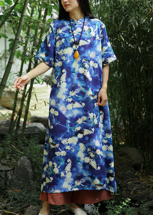 Beautiful Blue Print Pockets Linen Long Dresses Short Sleeve Ada Fashion