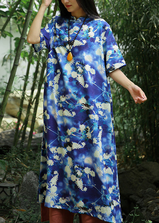 Beautiful Blue Print Pockets Linen Long Dresses Short Sleeve Ada Fashion