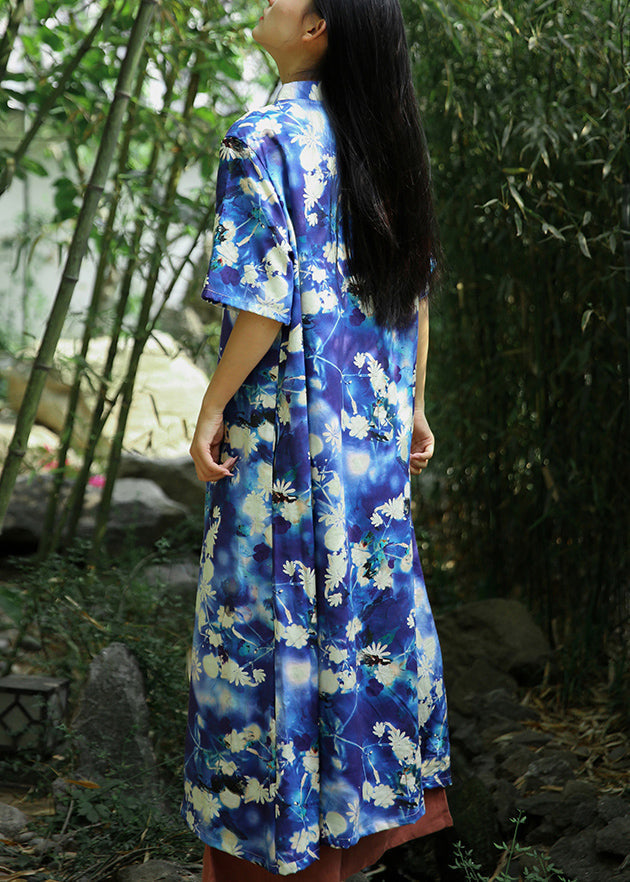 Beautiful Blue Print Pockets Linen Long Dresses Short Sleeve Ada Fashion