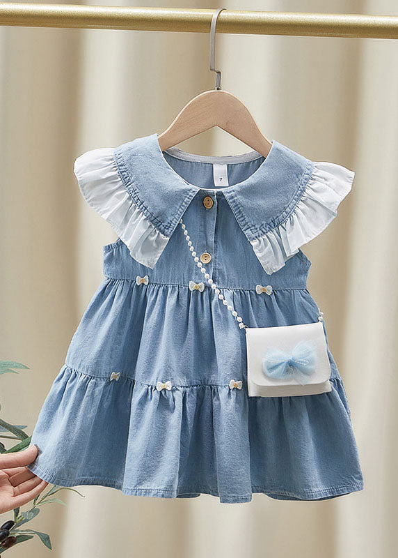 Beautiful Blue Ruffled Patchwork Denim Kids Girls Long Dress Summer LY5527 - fabuloryshop