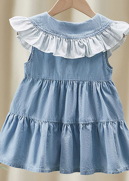 Beautiful Blue Ruffled Patchwork Denim Kids Girls Long Dress Summer LY5527 - fabuloryshop