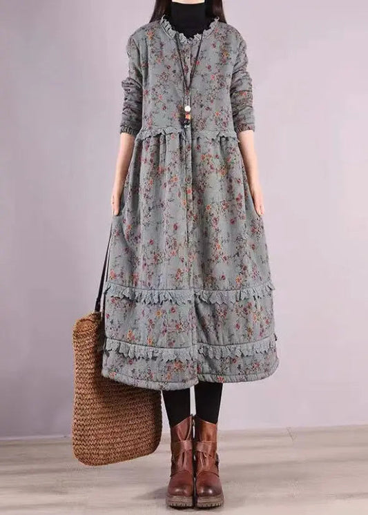 Beautiful Blue Ruffled Print Patchwork Cotton Dresses Fall Ada Fashion