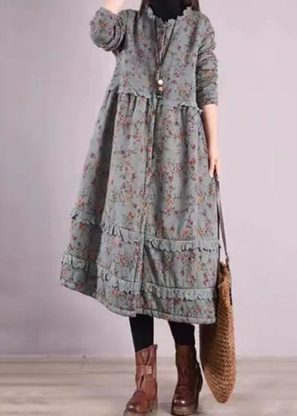 Beautiful Blue Ruffled Print Patchwork Cotton Dresses Fall Ada Fashion