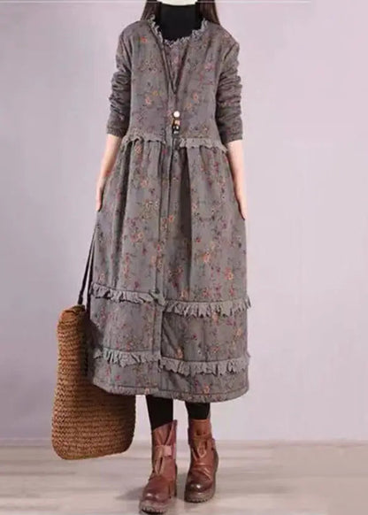 Beautiful Blue Ruffled Print Patchwork Cotton Dresses Fall Ada Fashion