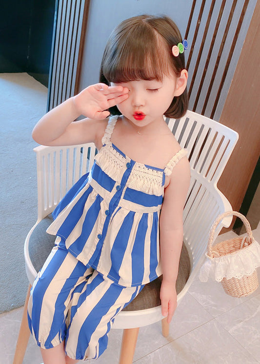 Beautiful Blue Striped Button Cotton Slip And Crop Pants Kids Two Pieces Set Sleeveless Ada Fashion