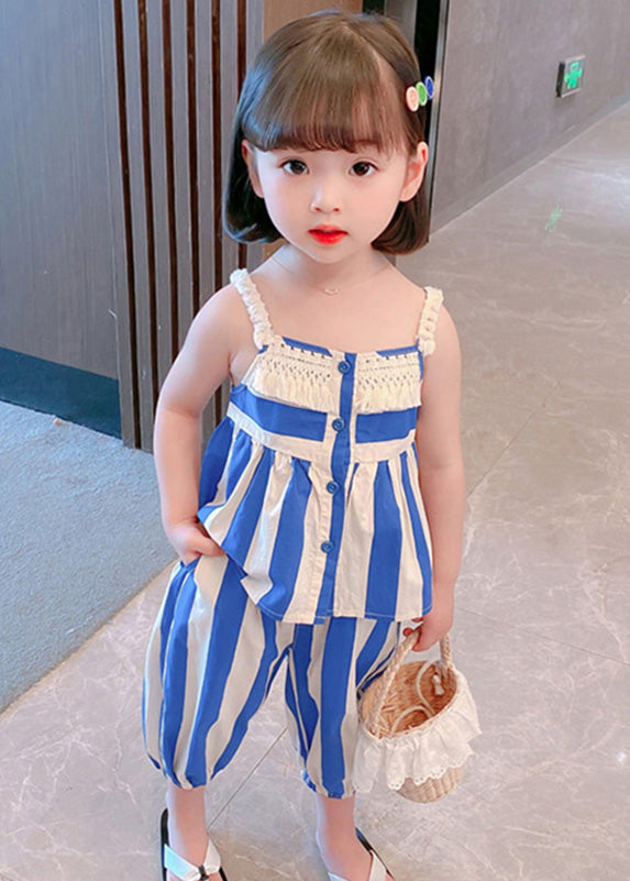 Beautiful Blue Striped Button Cotton Slip And Crop Pants Kids Two Pieces Set Sleeveless Ada Fashion