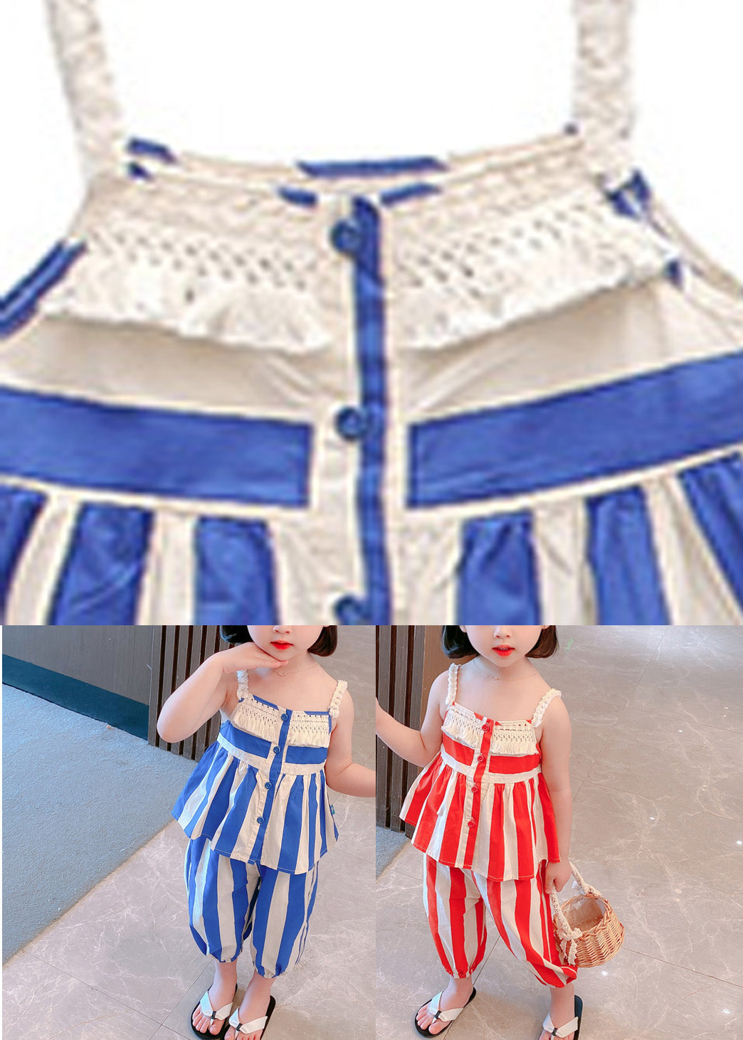 Beautiful Blue Striped Button Cotton Slip And Crop Pants Kids Two Pieces Set Sleeveless Ada Fashion