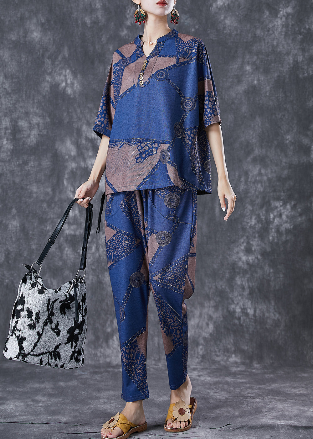 Beautiful Blue V Neck Print Cotton Two Piece Set Outfits Summer LY6793 - fabuloryshop