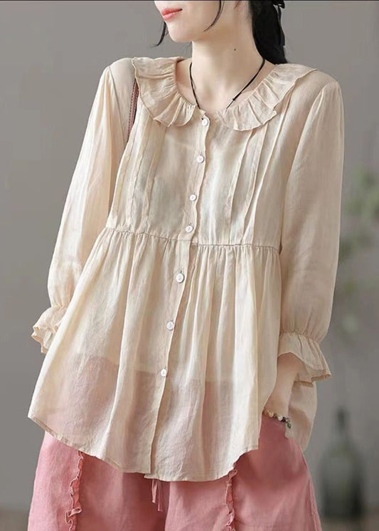 Beautiful Champagne Color Peter Pan Collar Button Cotton Shirt Fall Ada Fashion