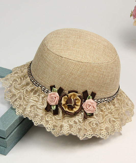 Beautiful Champagne Floral Lace Patchwork Linen Bucket Hat LY508 - fabuloryshop