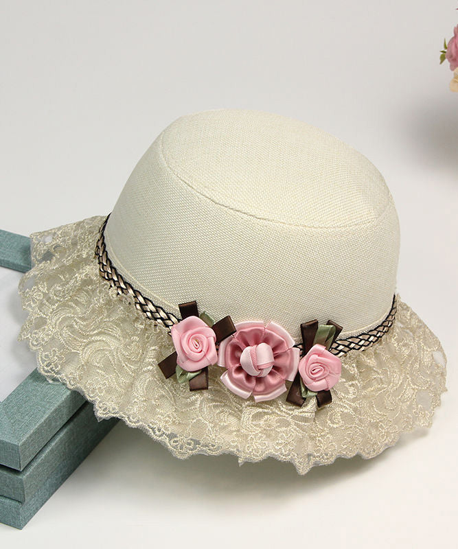 Beautiful Champagne Floral Lace Patchwork Linen Bucket Hat LY508
