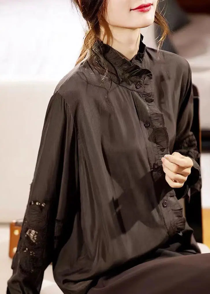 Beautiful Chocolate Ruffled Hollow Out Chiffon Shirt Long Sleeve Ada Fashion