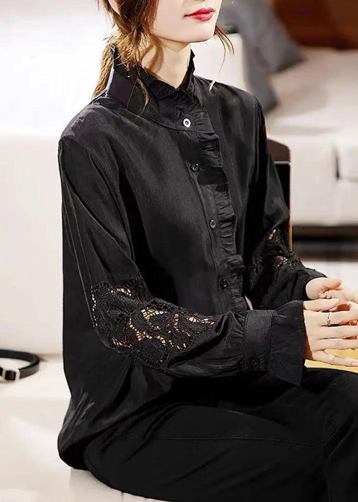 Beautiful Chocolate Ruffled Hollow Out Chiffon Shirt Long Sleeve Ada Fashion