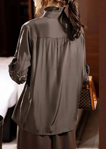 Beautiful Chocolate Ruffled Hollow Out Chiffon Shirt Long Sleeve Ada Fashion