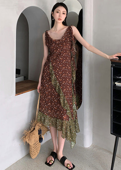 Beautiful Chocolate Ruffled Patchwork Print Chiffon Long Dresses Sleeveless Ada Fashion